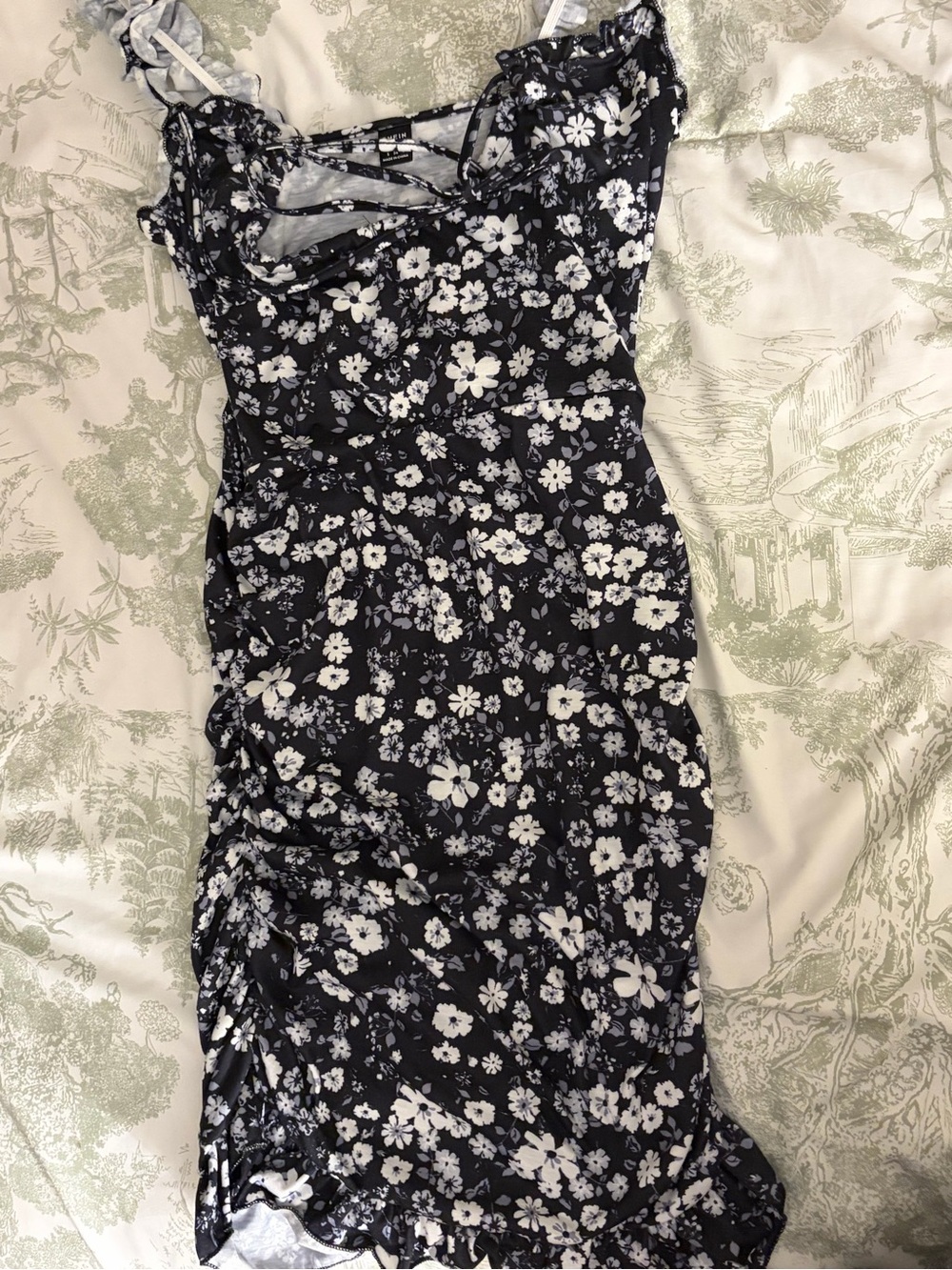 SHEIN Black and White Midi Floral Ruched Slip Dress